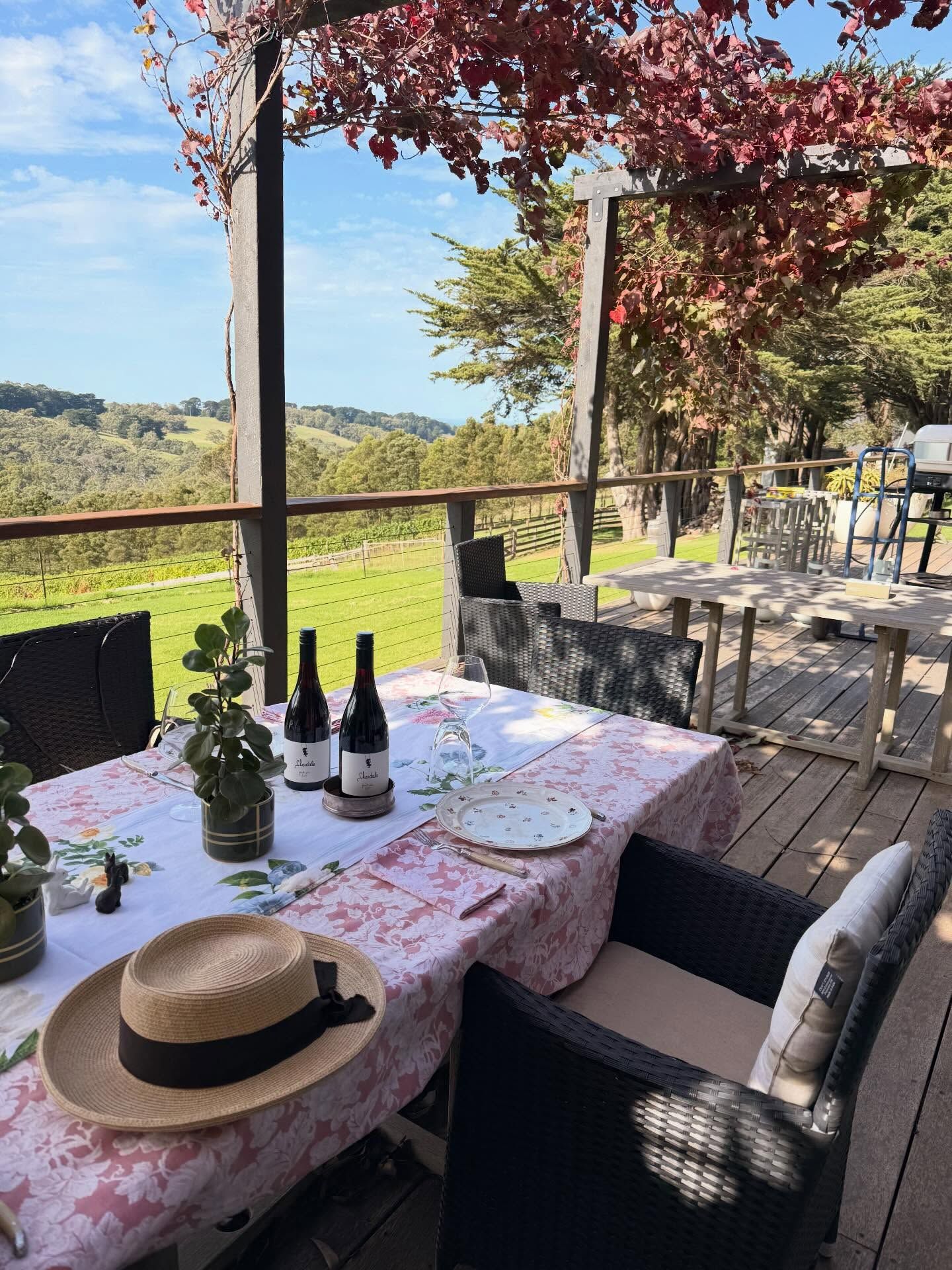 Cellar door deck table with Sherdale wine bottles and panoramic valley views on a sunny afternoon